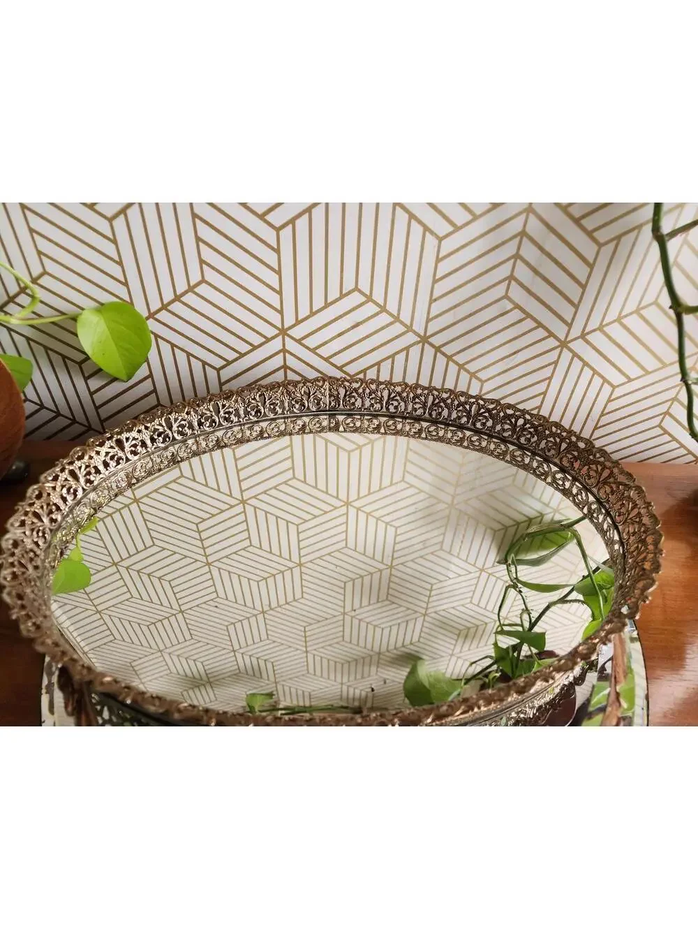 Large Hollywood Regency Style Brass Filigree & Glass Mirror Oval Vanity Tray